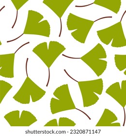 Green Ginkgo leaves background. Seamless Pattern with Ginkgo Tree Leaves on white background. Sketch vector.