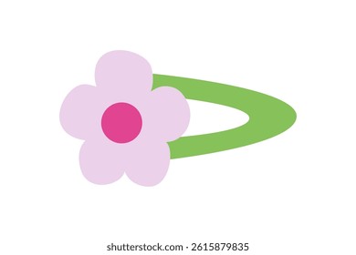 A green girly hair clip with a pink flower 2000s icon. Kawaii design element for y2k aesthetics, stickers, fashion-themed projects, feminine accessories.