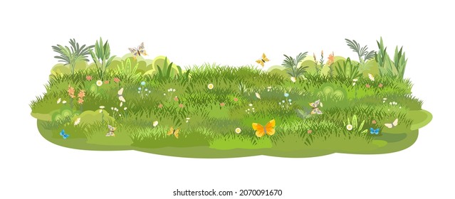 Green Glade. Flores. La pradera de verano. El césped jugoso se acerca. Pastizales. Colocar en el campo. Pastura. Aislado sobre fondo blanco. Estilo de caricatura. Diseño plano. Arte vectorial de ilustración