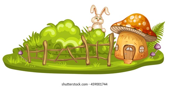 Green glade with house for gnome made from mushroom