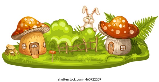 Green glade with house for gnome made from mushroom