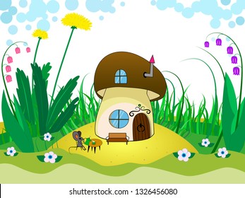 Green glade with a mushroom house and a fun mouse. Childlike illustration with plants, flowers, dandelions, bells and a small house. mouse pours tea sitting on a chair at the table.