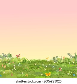 Green Glade. Summer meadow. Morning. Juicy grass close up. Grassland. Place on the field. Pasture. Cartoon style. Flat design. Illustration vector art