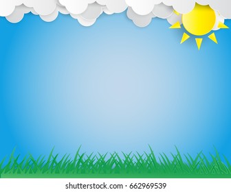 Green glade, sun and clouds made of cardboard. paper art style