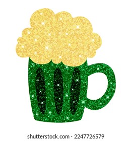 Grüner Glashorg mit glatterem Effekt zum St. Patrick's Day, funkelnder Bierkrug mit Schaumsymbol für irischen Urlaub, Alkohol, Party und Bar. Vektorgrafik