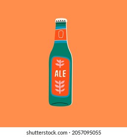 Green glass Beer bottle. Ale beer type. Colorful label. Hand drawn trendy Vector illustration. Isolated icon. Brewery concept. Design element for restaurant, pub. Logo, banner, poster template