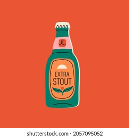 Green glass Beer bottle. Extra stout beer type. Colorful label. Hand drawn trendy Vector illustration. Isolated icon. Brewery concept. Design element for restaurant, pub. Logo, banner, poster template