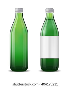 Green glass beer bottle on white background.