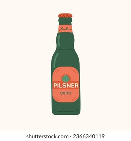 Green glass beer bottle. Pilsner, craft beer hand drawn illustration. Refreshing low-alcohol cold drink. Design elements for menu restaurant, bar, pub.