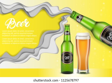 Green glass beer bottles with beer splashes, glass of beer and copy space. Vector paper cut craft beer poster, banner, flyer design template.