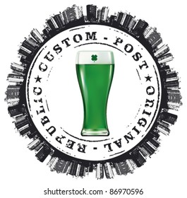 green glass of beer with stamp and building circle