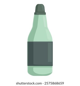 Green glass bottle with black label is standing on white background