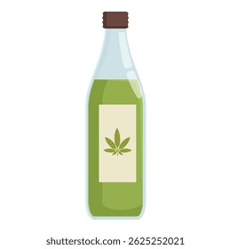 Frasco de vidro verde contendo óleo de cbd, com um logotipo de folha de maconha simples no rótulo