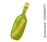 Green glass bottle with a cork and scroll inside . Simple cartoon vector hand drawn illustration. Isolated icon on white background