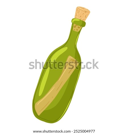 Green glass bottle with a cork and scroll inside . Simple cartoon vector hand drawn illustration. Isolated icon on white background