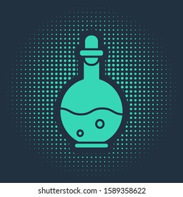 Green Glass bottle with magic elixir icon isolated on blue background. Computer game asset. Abstract circle random dots. Vector Illustration