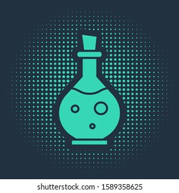 Green Glass bottle with magic elixir icon isolated on blue background. Computer game asset. Abstract circle random dots. Vector Illustration