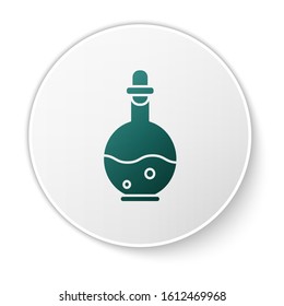 Green Glass bottle with magic elixir icon isolated on white background. Computer game asset. White circle button. Vector Illustration