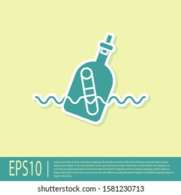 Green Glass bottle with a message in water icon isolated on yellow background. Letter in the bottle. Pirates symbol.  Vector Illustration