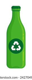 Una botella de vidrio verde con un símbolo de reciclaje en estilo de ilustración vectorial plana, que representa los conceptos de materiales reciclables, embalaje sostenible y conservación del medio ambiente