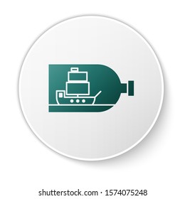Green Glass bottle with ship inside icon isolated on white background. Miniature model of marine vessel. Hobby and sea theme. White circle button. Vector Illustration