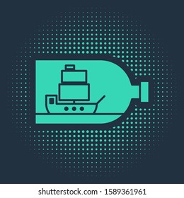 Green Glass bottle with ship inside icon isolated on blue background. Miniature model of marine vessel. Hobby and sea theme. Abstract circle random dots. Vector Illustration