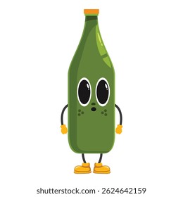 Green glass bottle with surprised face, arms, legs and orange cap, isolated vector illustration on white background