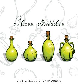 green glass bottles for different drinks and liquid
