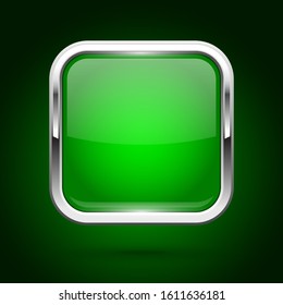 Green glass button with metal frame. Square iconon green background. Vector 3d illustration