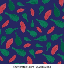 Green Glass drink bottles and red lips pattern design art illustration