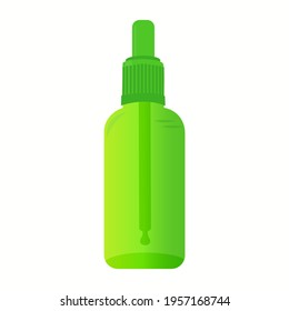Green glass dropper bottle isolated on white background. Vector illustration.