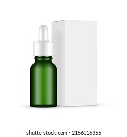 Green Glass Dropper Bottle With Paper Box Side View, Isolated On White Background. Vector Illustration