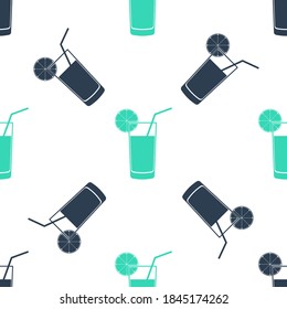 Green Glass of juice icon isolated seamless pattern on white background. Orange slice and tube for drinking. Healthy organic food. Vector.