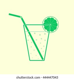 Green glass of lemonade with straw and lemon slice. Flat icon.
