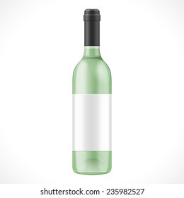 Green Glass  Mock Up Wine Cider Bottle With Label On White Background Isolated. Product Packing. Vector EPS10 