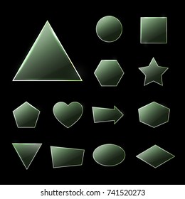 Green glass plates set. Triangle square rectangle hexagon, pentagon, star, heart, circle textured frames with glow and light on dark background. Technology shapes. Realistic vector illustration.