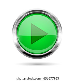 Green glass play button with chrome frame. Vector 3d illustration isolated on white background