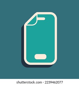 Green Glass screen protector for smartphone icon isolated on green background. Protective film for glass. Transparent soft glass for mobile phone. Long shadow style. Vector