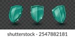 Green glass shields set isolated on transparent background. Vector realistic illustration of protective armor front side view, symbol of healthcare system, data security protection, insurance services