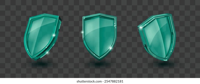 Green glass shields set isolated on transparent background. Vector realistic illustration of protective armor front side view, symbol of healthcare system, data security protection, insurance services