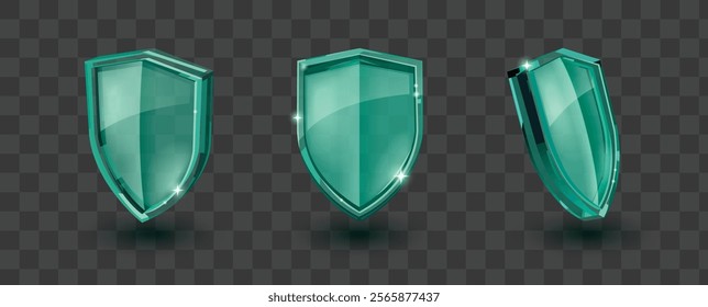 Green glass shields set isolated on transparent background. Vector realistic illustration of protective armor front side view, symbol of healthcare system, data security protection, insurance services