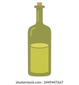 Green Glass transparent bottle with vegetable oil and cork, cartoon style. Vector illustration isolated on white background, hand drawn, flat design