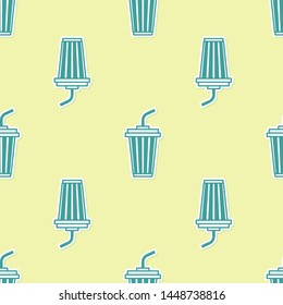 Green Glass with water icon isolated seamless pattern on yellow background. Soda drink glass with drinking straw. Fresh cold beverage symbol. Vector Illustration