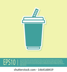 Green Glass with water icon isolated on yellow background. Soda drink glass with drinking straw. Fresh cold beverage symbol. Vector Illustration