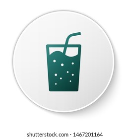 Green Glass with water icon isolated on white background. Soda drink glass with drinking straw. Fresh cold beverage symbol. White circle button. Vector Illustration