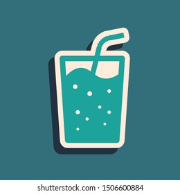 Green Glass with water icon isolated on blue background. Soda drink glass with drinking straw. Fresh cold beverage symbol. Long shadow style. Vector Illustration