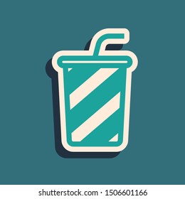 Green Glass with water icon isolated on blue background. Soda drink glass with drinking straw. Fresh cold beverage symbol. Long shadow style. Vector Illustration