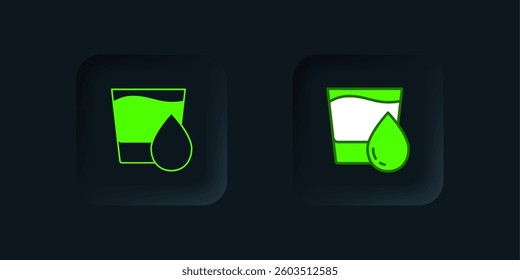 Green Glass with water icon isolated on black background. Soda glass. Black square button. Vector