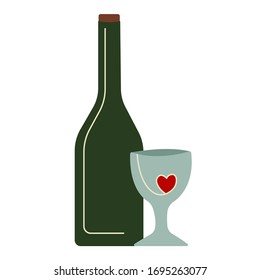 Green glass wine bottle and a glass , flat vector elements 