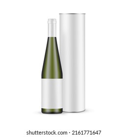 Green Glass Wine Bottle With Label and Cardboard Tube Mockup. Vector Illustration